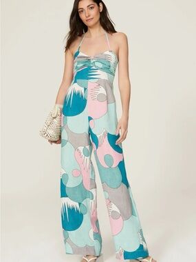 S/W/F Sweetheart Halter Jumpsuit Linen Graphic Pattern Print sz L